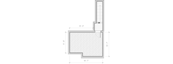 A technical drawing of a floor plan with dimensions and a doorway.