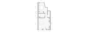 A floor plan of a house with a living room, kitchen, and bathroom.