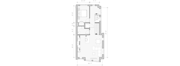A floor plan of a house with a living room, dining room, kitchen, and bathroom.