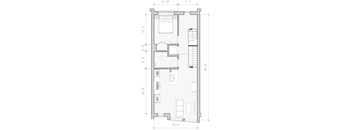 A floor plan of a room with dimensions and furniture layout.