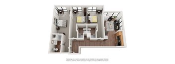 A floor plan of a house with a kitchen, living room, and two bedrooms.