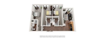 A floor plan of a house with a kitchen, living room, and two bedrooms.