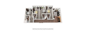 A 3D rendered image of a house layout with multiple rooms.