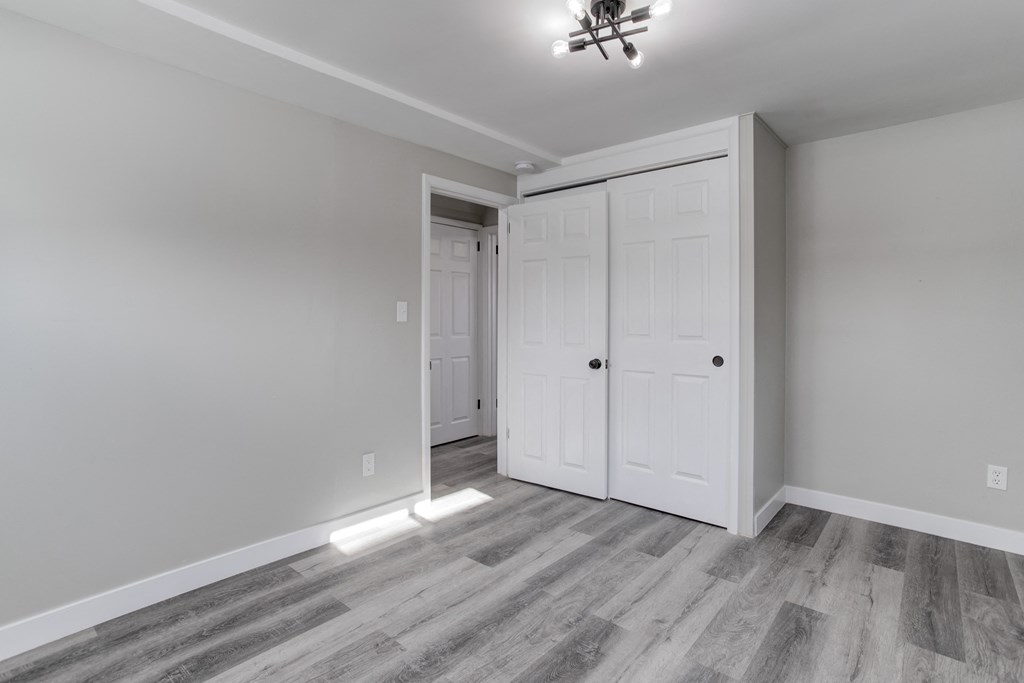 a bedroom with two closets and a door into a hallway