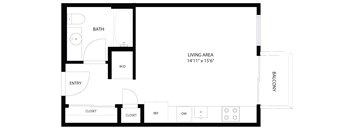 A black and white image of a floor plan for a living space.