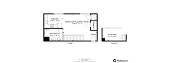 A floor plan for a home with two bedrooms and two bathrooms.
