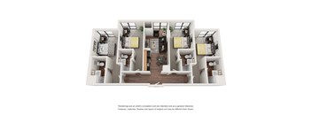 A 3D rendering of a modern apartment layout with two bedrooms, a living area, and a kitchen.