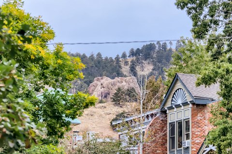 A house with a red roof is surrounded by trees.