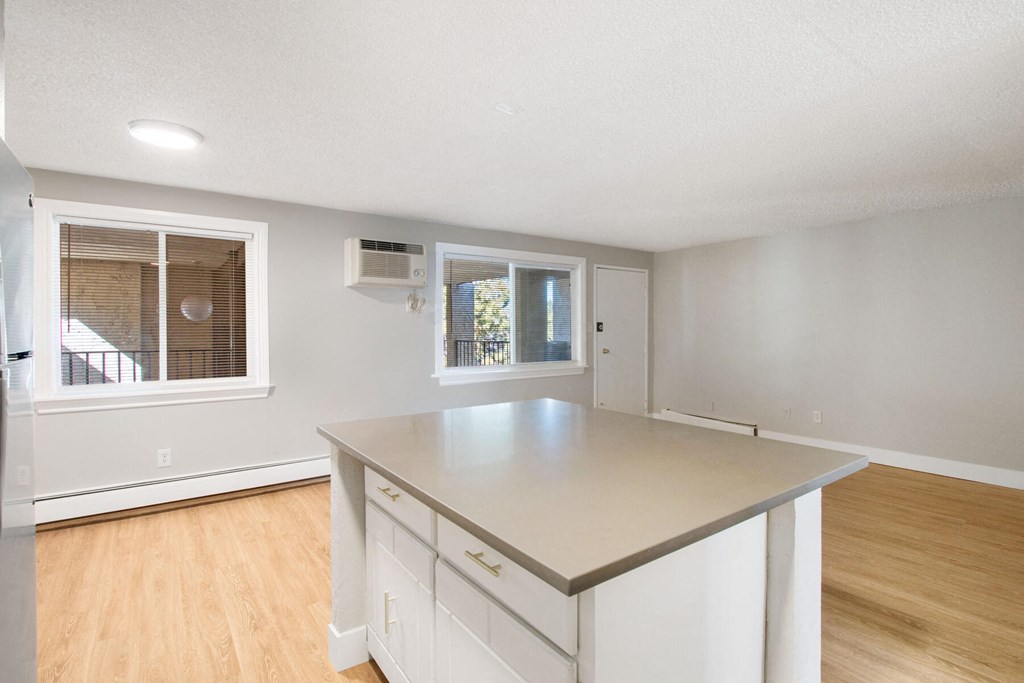 an empty kitchen with white cabinets and a window