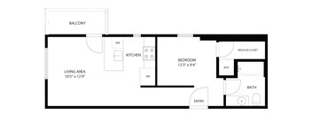 A floor plan of a small apartment with a living area, kitchen, bedroom, and bathroom.