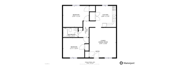 A floor plan for a home with a living room, dining room, kitchen, and two bedrooms.