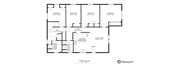 A floor plan of a house with a living room, kitchen, dining room, and four bedrooms.