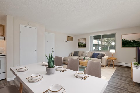 A dining table set with plates and cutlery is in the foreground of a modern kitchen and living room.