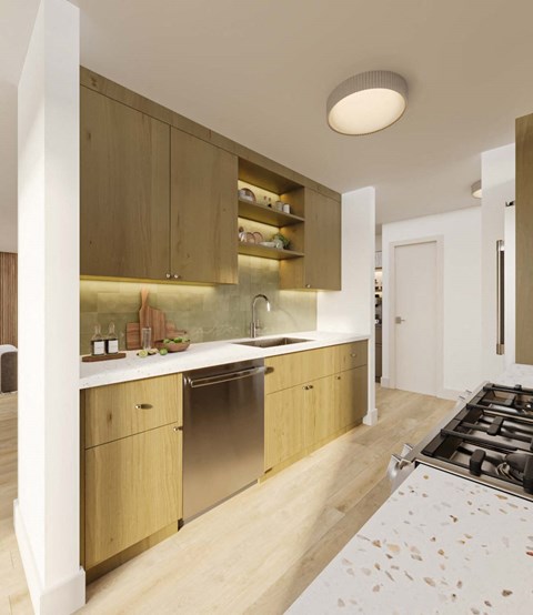 a kitchen with wooden cabinets and a counter top