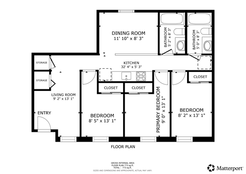 A floor plan for a home with a dining room, living room, kitchen, and two bedrooms.