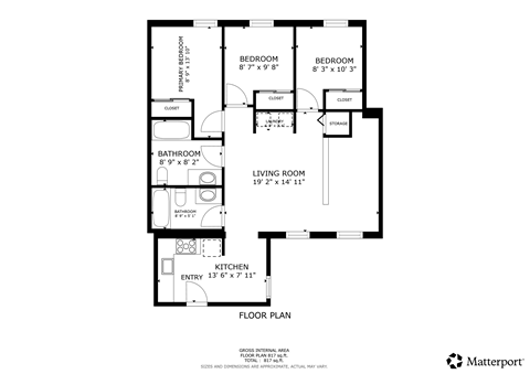 A floor plan of a house with a living room, two bedrooms, a bathroom, a kitchen, and a laundry room.
