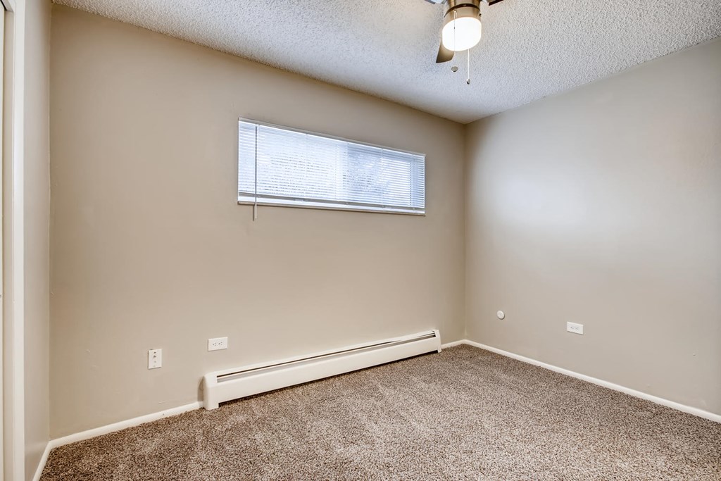 A room with a window and a carpeted floor.