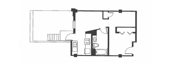 A black and white floor plan of a house with a kitchen, living room, and bathroom.