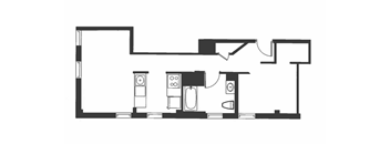 A black and white drawing of a room with furniture.