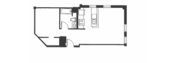 A black and white floor plan of a house with a kitchen, living room, and bathroom.