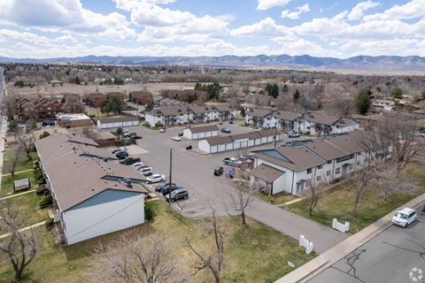 an aerial view of a neighborhood of buildings and parking lot