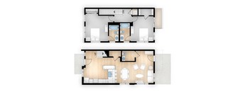 A floor plan of a two-story residential building with a living room, kitchen, and bedrooms.