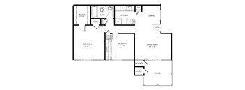 A floor plan of a house with two bedrooms, a living area, a kitchen, a dining room, a bathroom, a walk-in closet, a pantry, a storage area, and a patio.