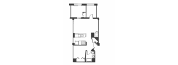 A black and white drawing of a house with a kitchen, living room, and bedrooms.