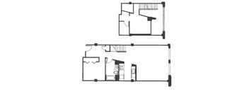 A black and white drawing of a house with two floors and a garage.
