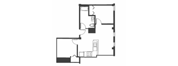 A black and white image of a floor plan with a kitchen, living room, and two bedrooms.