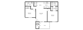 A floor plan of a house with two bedrooms, a living area, a kitchen, a dining area, a bathroom, a patio, and storage.