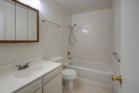 A white bathroom with a sink, toilet, and bathtub.
