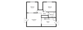 A floor plan of a house with two bedrooms, a living room, a kitchen, and a bathroom.