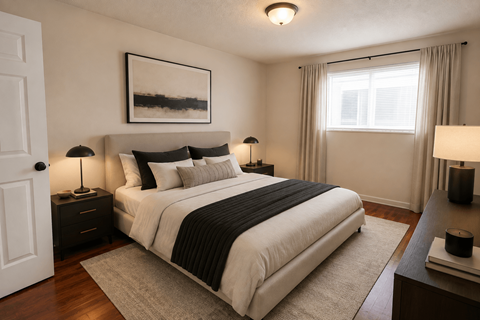 A bedroom with a large bed and a painting on the wall.