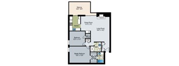 A floor plan of a house with a balcony, dining room, living room, kitchen, and three bedrooms.