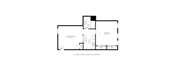 A floor plan of a small apartment with a living area, bedroom, and bathroom.