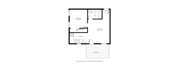 A black and white floor plan of a small apartment with a bedroom, living area, kitchen, and bathroom.