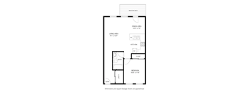 A floor plan of a small apartment with a living area, dining area, kitchen, bathroom, and bedroom.