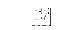 A floor plan of a house with two bedrooms, a living area, a kitchen, a bathroom, and a laundry area.