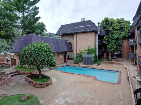 a backyard with a pool and a house