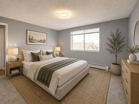 A bedroom with a large bed, a nightstand, and a window.