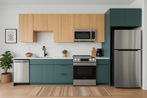 A modern kitchen with a stainless steel refrigerator, a microwave above the stove, and a sink with a faucet.