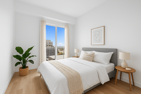 A bedroom with a large bed, a potted plant, and a window overlooking a cityscape.