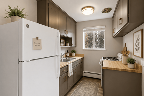 A white refrigerator with a note on it in a kitchen.