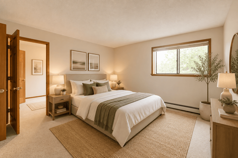 A bedroom with a large bed and a window.
