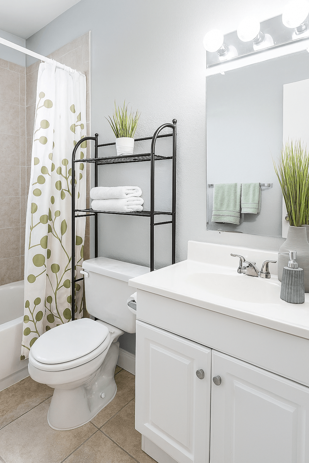 A white bathroom with a toilet, sink, and a mirror.