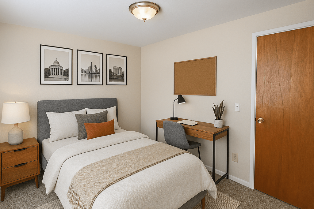 A bedroom with a bed, desk, and pictures on the wall.