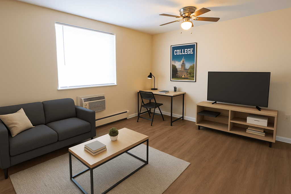 A living room with a grey couch, a coffee table, a television, and a desk with a chair.