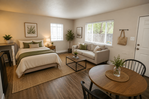 A bedroom with a bed, a couch, a chair, and a table with a vase on it.