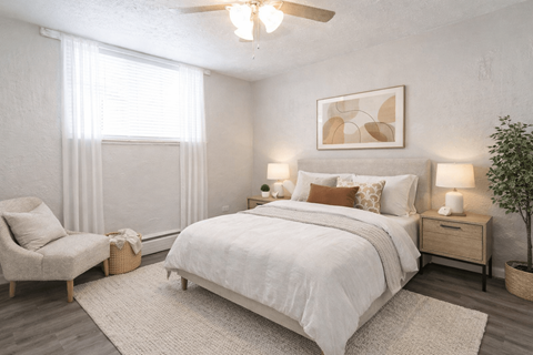A bedroom with a large bed, a chair, and a ceiling fan.